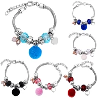 2021 new charm heart shape bangle 6 color plush ball style bracelet lobster buckle snake chain beaded bangles for women jewelry