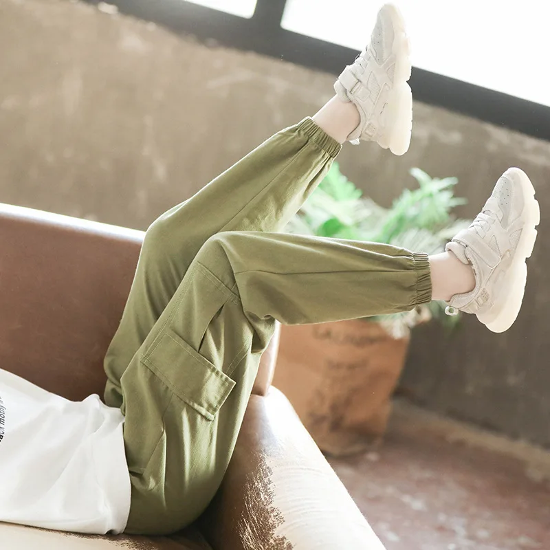 

New Loose Solid Color Spring Autumn Trousers Long Girls Boys Children Kids Clothing Teenagers Casual Cargo Pants Simplicity