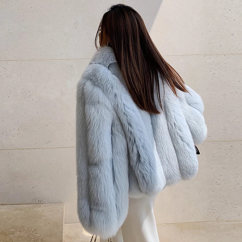 Women's Real Fox Fur Coat Winter Fashion Outwear 2022 Trendy Natural Whole Skin Genuine Fox Fur Coats Lapel Collar Fur Overcoats