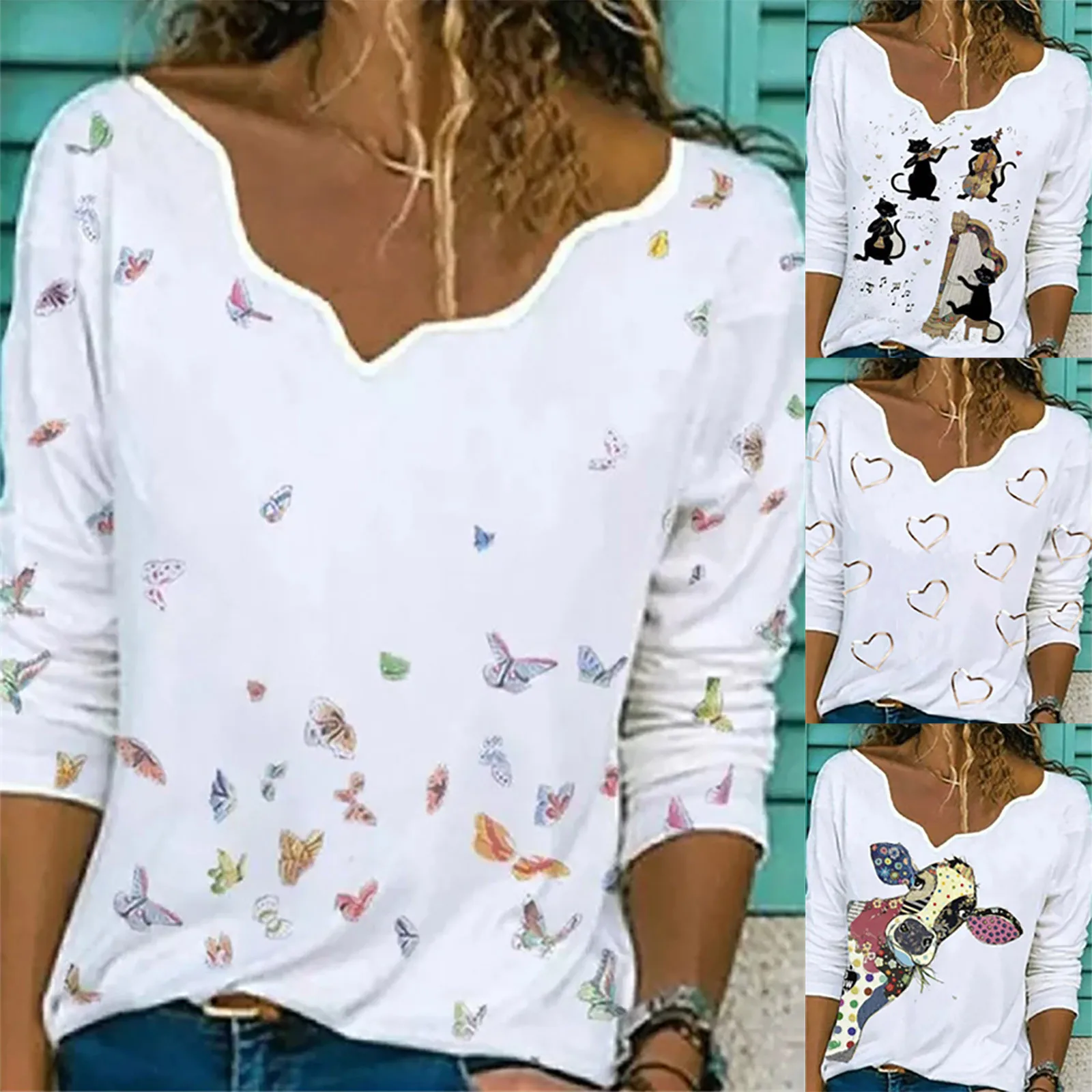 

Блузка женская с принтом бабочки, элегантная рубашка, Повседневный пуловер с длинным рукавом и V-образным вырезом, топы, рубашка, туники