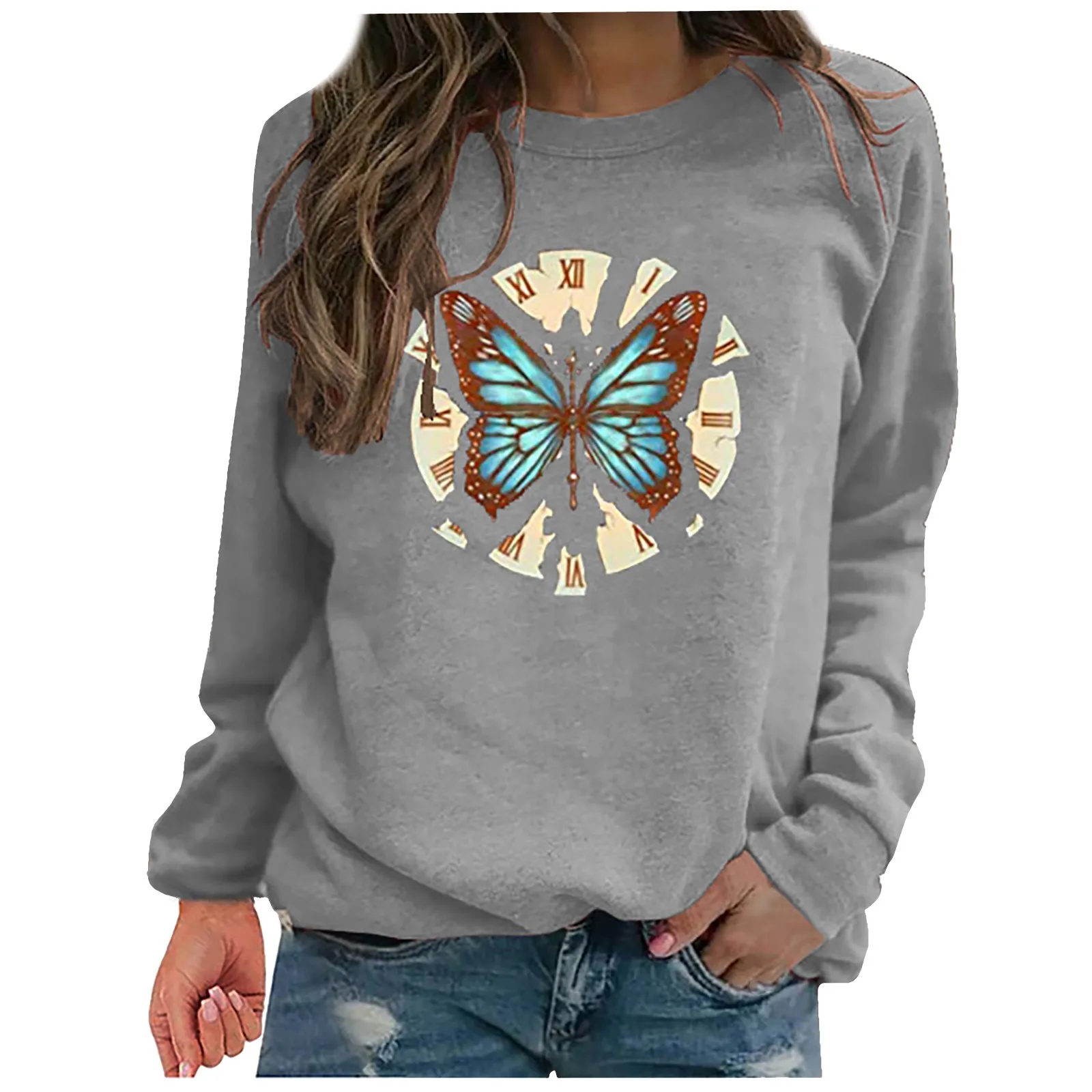 

Ladies Pullover Leisure Fashionable Butterfly Clock Printing Multicolor Fashion Round Neck Pullover Women Sweatshirt 1PCS