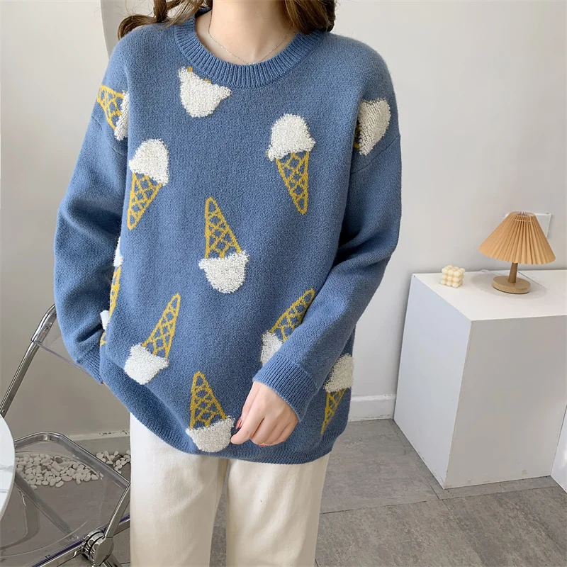 

Autumn Winter 2021 Jacquard Cute Ice Cream Pattern Kawaii Sweater Women Pullovers Fashion Korean Loose Cartoon Sweater Knit Tops
