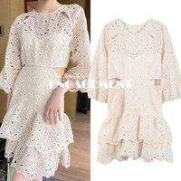 engagement 2021 spring and summer new round neck lace hollow ruffled dress sexy slim lady