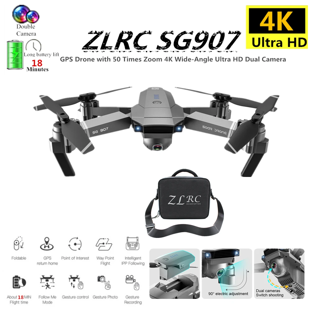 Квадрокоптер с GPS ZLRC SG907 Радиоуправляемый Дрон Wi Fi FPV 4K широкоугольная HD камера