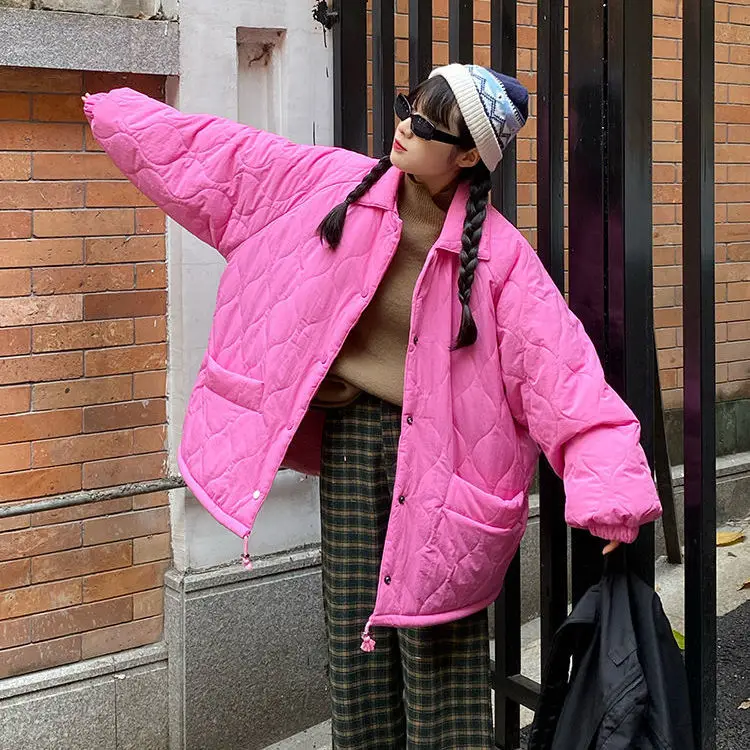 Lingge Cotton Jacket Women Retro New Korean Version Loose BF Mid-length Cotton-padded Jacket Winter Tide  Down Jacket Women