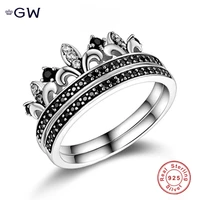 925 silver ring princess crown ring with black clear crystal double fashion ring jewelry engagement wedding ring ethnic style