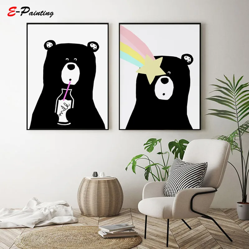 Modern Wall Art Cute Black Bear with Star Woodland Prints Nursery Kid Bedroom Living Room Home Decor Christmas Gift | Дом и сад