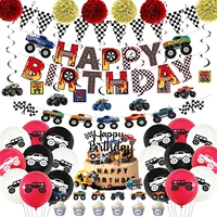 54pcs %e2%80%8bmonster truck theme party supplies include happy birthday banners handmade paper flower decorations and latex balloons