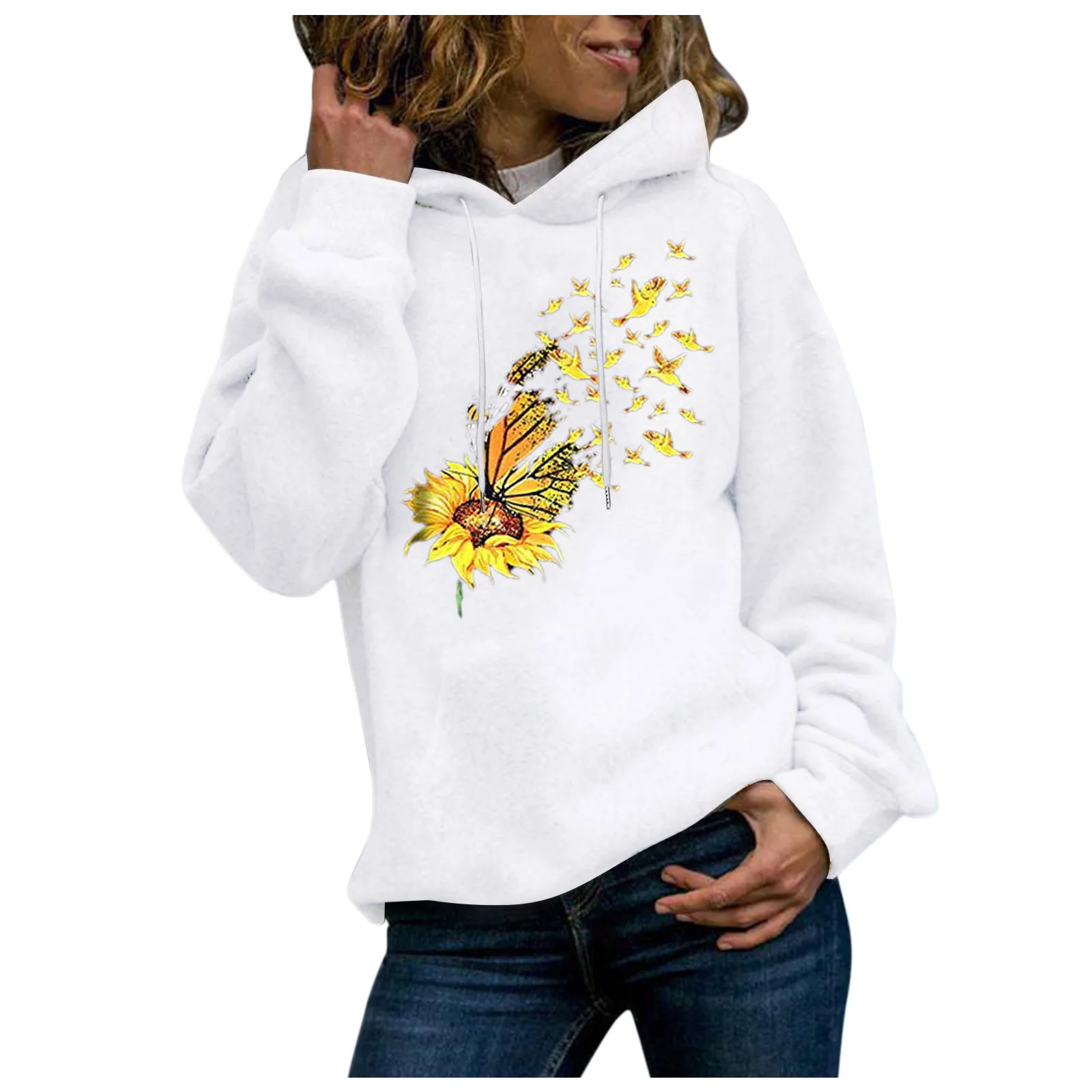 59# Womens Flower Print Long Sleeve Hoodie Sweatshirt Streetwear Hooded Pullover Tops Blouse Sudaderas Mujer Moleton Feminino