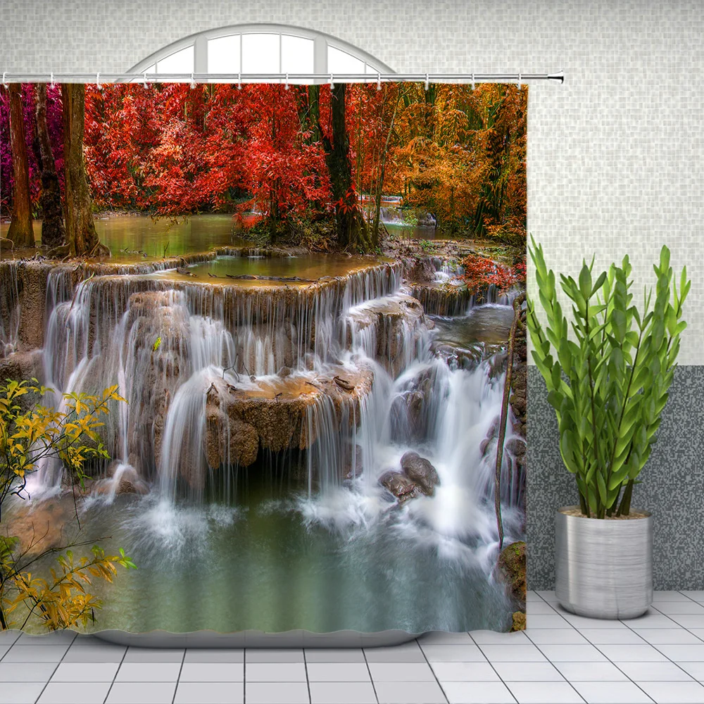 

Outdoor Scenery Shower Curtains Waterfall Woodland Landscape Bathroom Decor Waterproof Polyester Home Bath Cloth Curtain Set