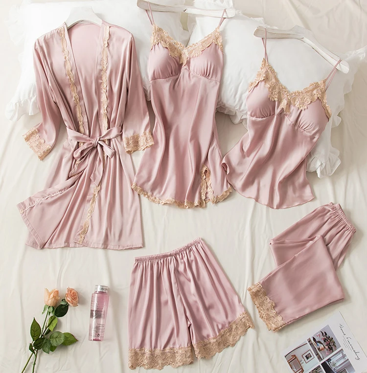 

Vrouwen Pyjama 5 Stuks Pajama Sets Satin Nachtkleding Pijama Zijde Homewear Kleding Sexy Kant Slaap Lounge Pyjama Met Borst pads