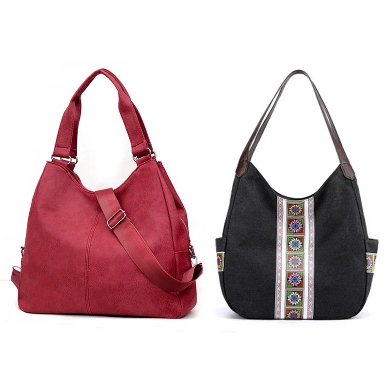 

2 Pcs Ladies Canvas Bag Handbags Large Capacity Shoulder Bags, Black & Red