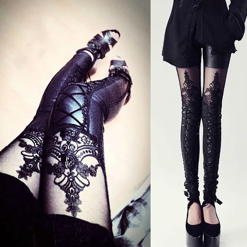 

Fashion Sexy Woman Stitching Lace Stretch Skinny Leg Faux Leather Leggings Women Pants Punk Autumn Skinny Pant