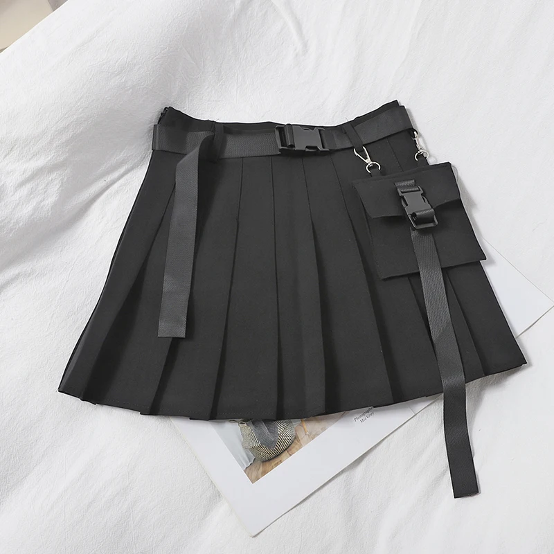 

Plaid college skirt with belt Women Spring Pleated Skirts A-line Mini Skirts Wide Saches Skirts Sexy Skirts With Pockets