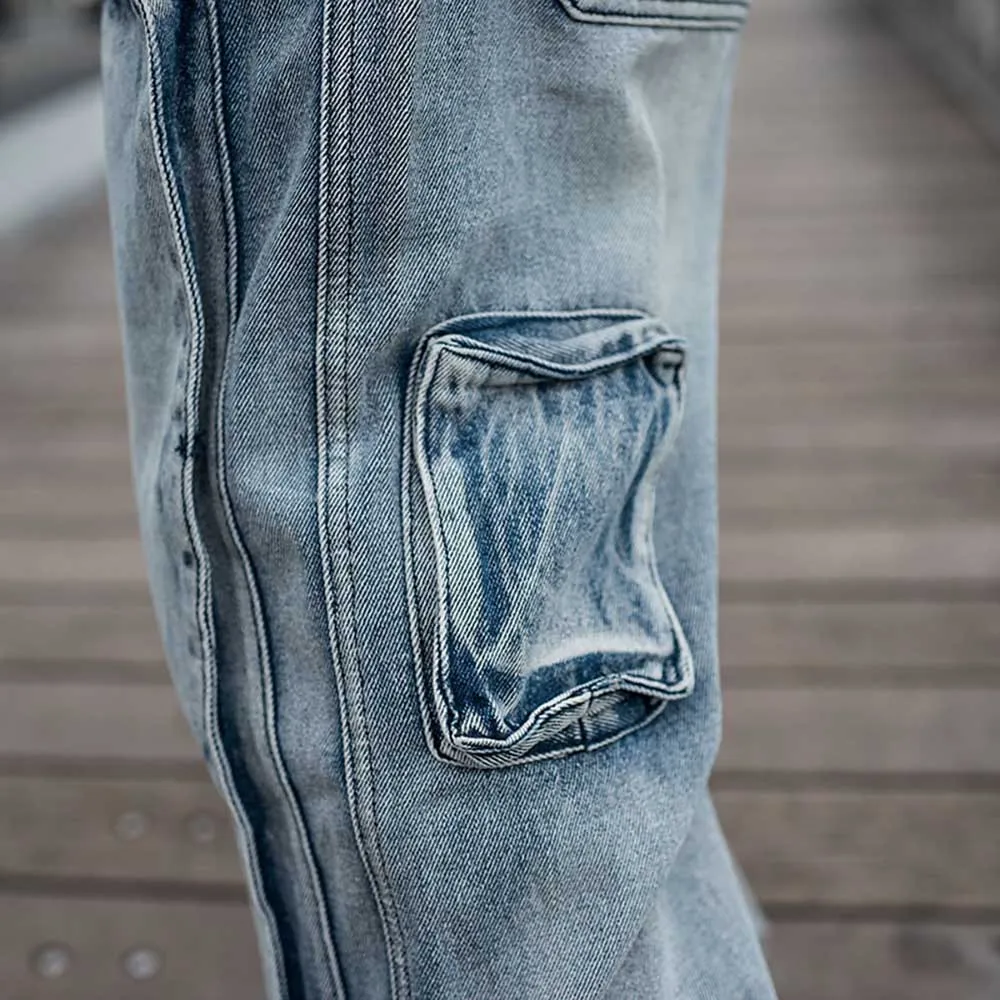 Trendy Hiphop Harem Jeans Overalls Men Casual Denim Cargo Pants Loose Baggy Wide Leg Jeans Big Pocket Trousers Street Fashion