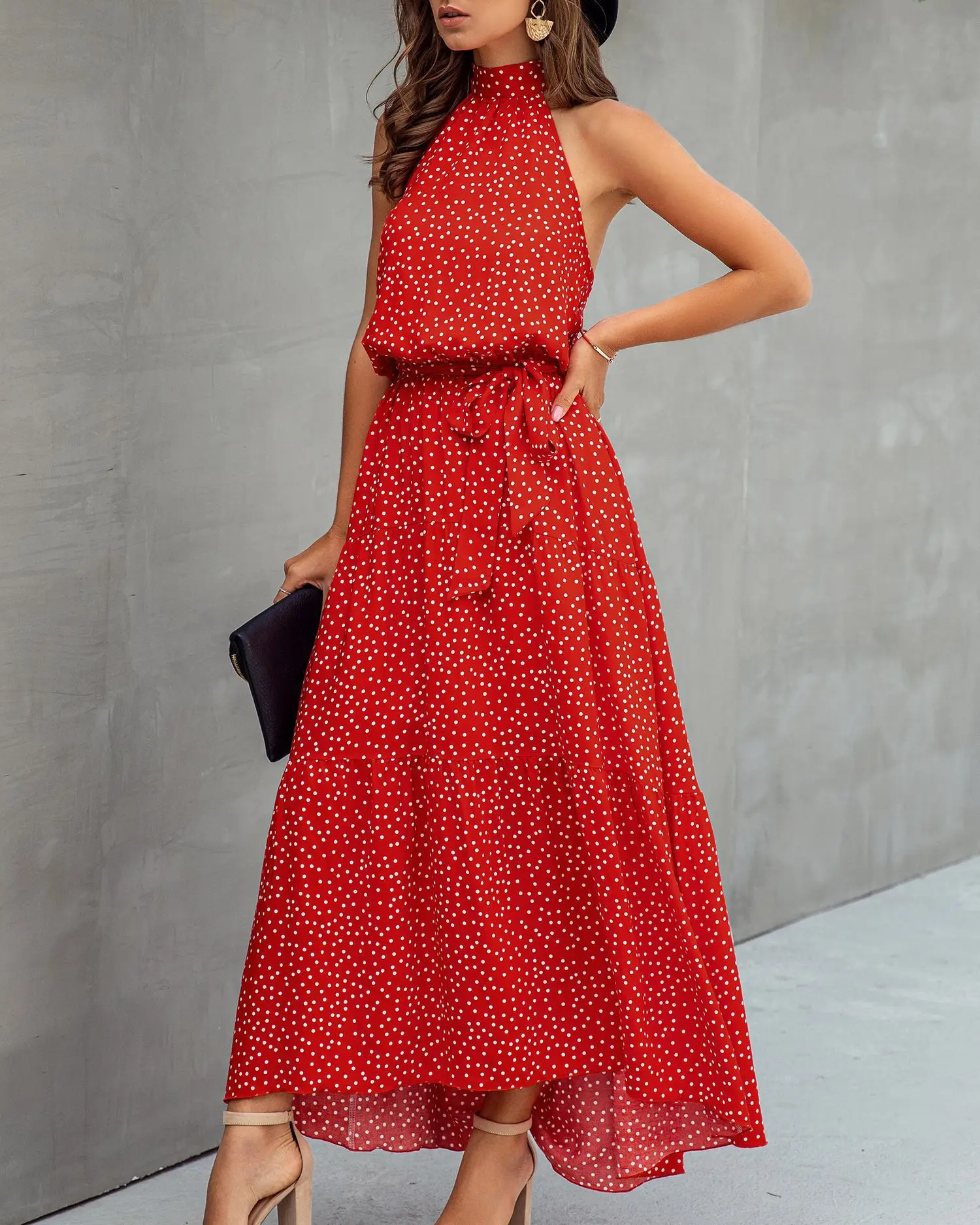 

2021 Summer Fashion Printing Polka Dot Halter Open Back Lace Up Women's Dress