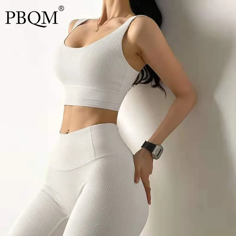 

PBQM противоударный бюстгальтер с резьбой сзади трико Спортивный Йога Фитнес Комплект из двух частей для женщин однотонный дышащий эластичн...