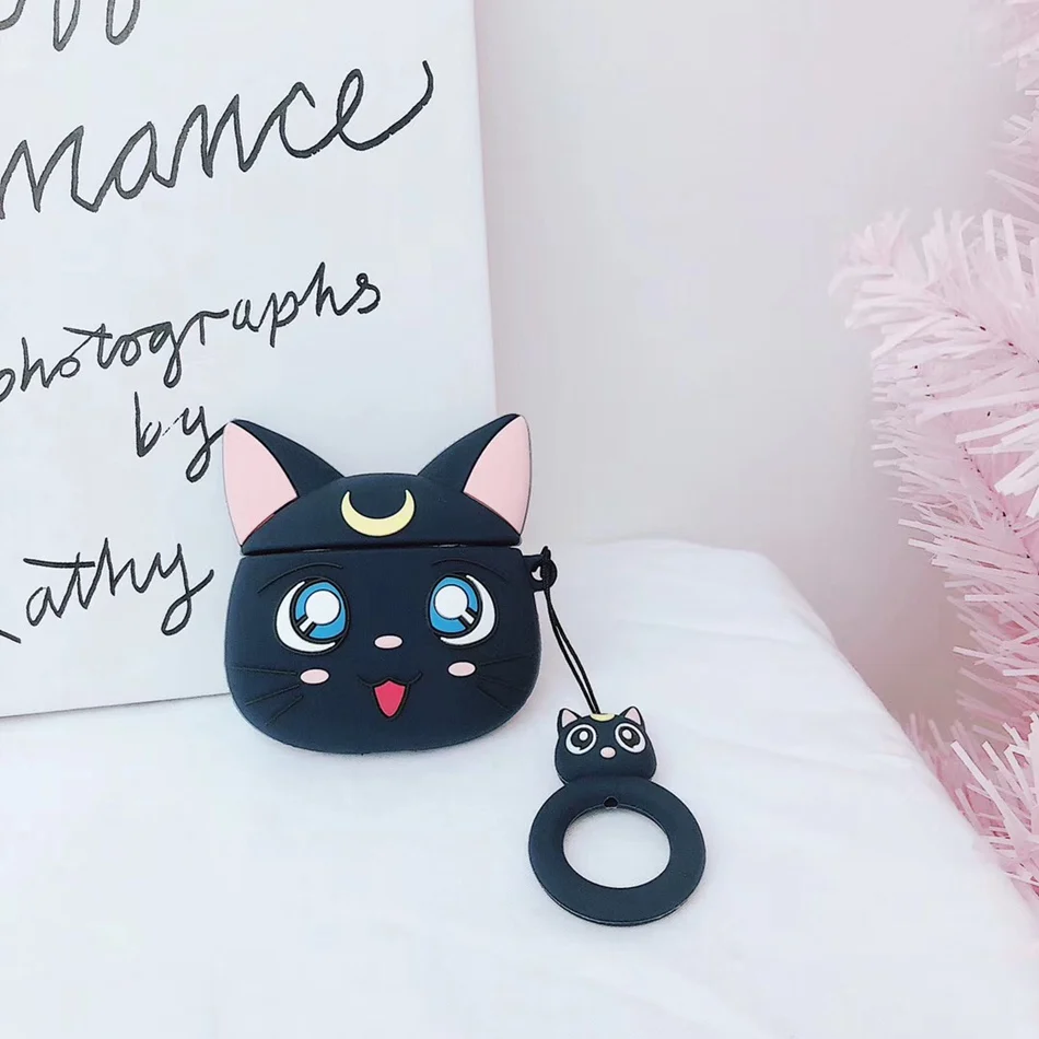 Black Cat Для AirPods случае 3D мультяшный наушник чехол для Apple Airpods 2 забавные интимные аксессуары защитную крышку с палец кольцо ремень - Цвет: Black Cat