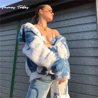 tie dye warm womens winter jacket 2021 turn down collar quilted coat blue zipper for jacket thick outerwear plush coat for women