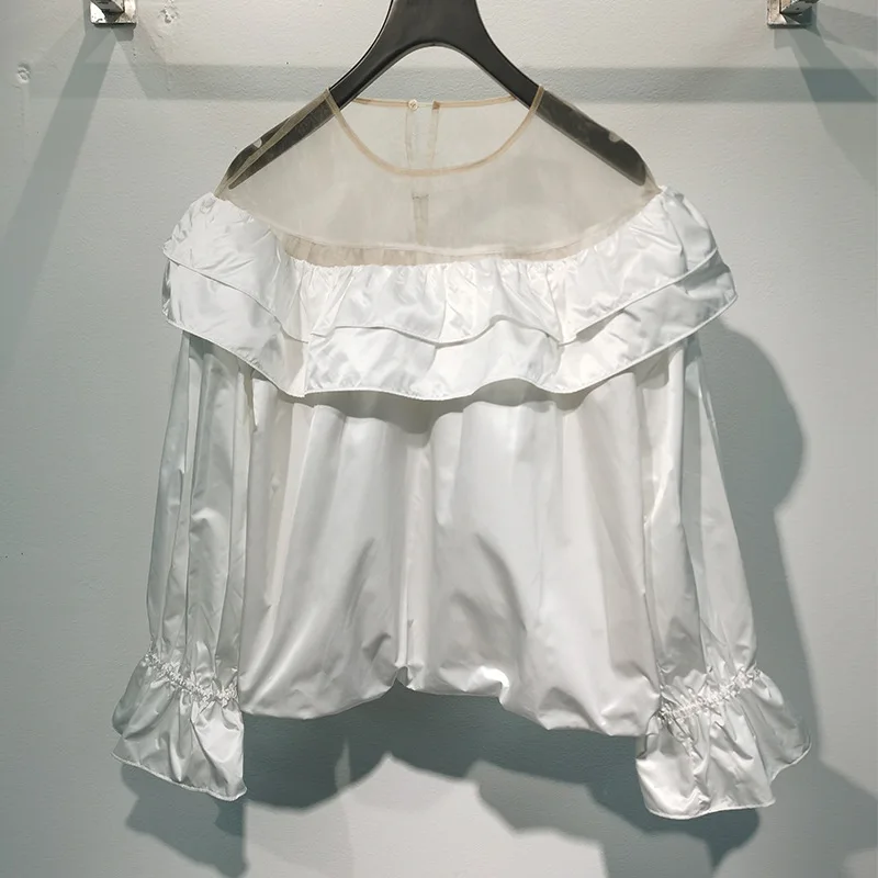 

Niche Design 2020 Autumn and Winter New Mesh Stitching Princess Ruffled Shirt Blouse Shirt