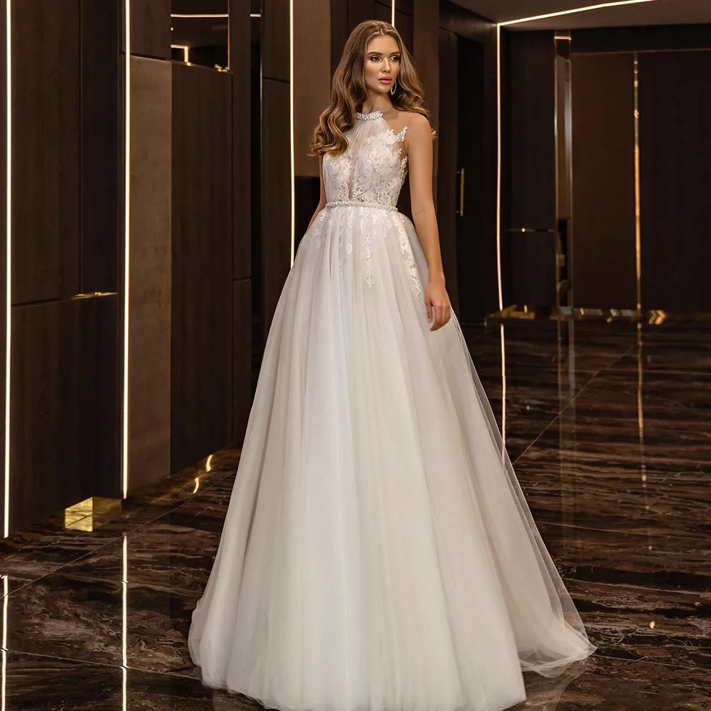 

Beading Halter Wedding Dresses 2021 Elegant White Applique Wedding Gowns Boho A-Line Backless Tulle Bride Dress robe de mariée