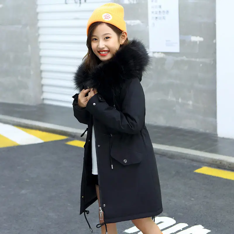 

Winter Polyester Jacket For Girls Keep Warm Plus Velvet Thickening Fashion Removable Fur Collar Mid-Length Children's Clothing