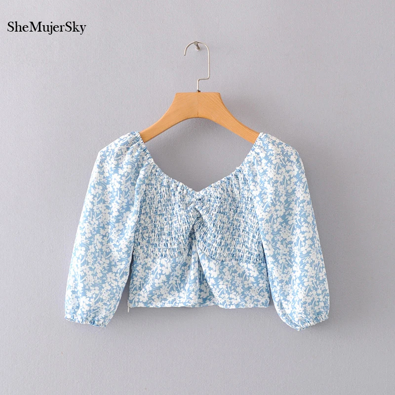 

SheMujerSky Sexy Off Shoulder Women Tops Print Elastic Short Blouses 2020 Summer Fashion Half Sleeve Shirts