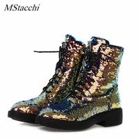 mstacchi sexy short boots for women round toe sequin cloth side zipper outdoors shoes thick bottom chunky heel mid calf botas