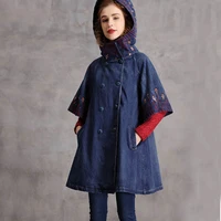 tiyihailey free shipping 2022 fashion embroidery denim women vintage long coats jackets with hood loose cloak double breasted