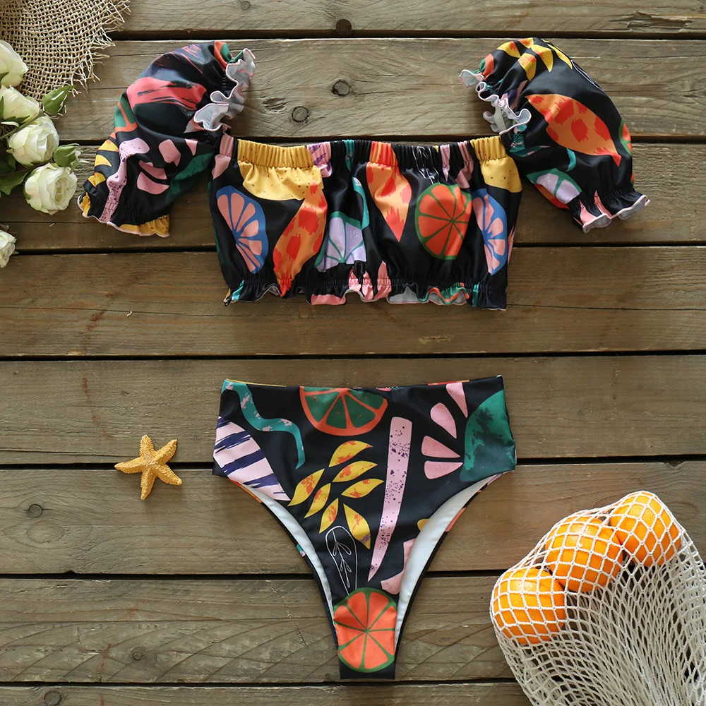 

High Waist Bikini Set 2021 New Buble Shot Sleeve Swimsuit Swimwear Women Sexy Bikinis Bow Bathing Suit Beach Wear biquini