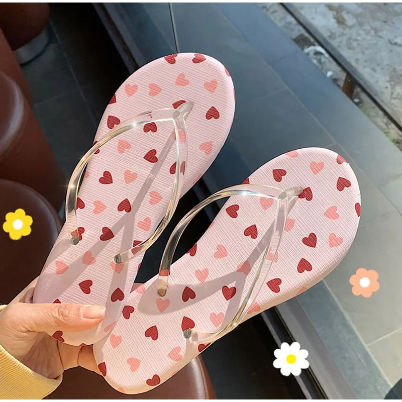 

Summer Transparent Band Flip Flops Women Clip Toe Flat Slippers Love Heart Printed Decorative Females New 2021 Fashion Shoes