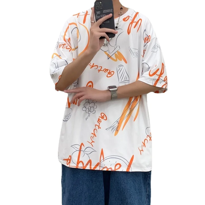 

2021 Summer Short Sleeve T-Shirt Male Harajuku Loose Student Round Collars Half Sleeve T-Shirt