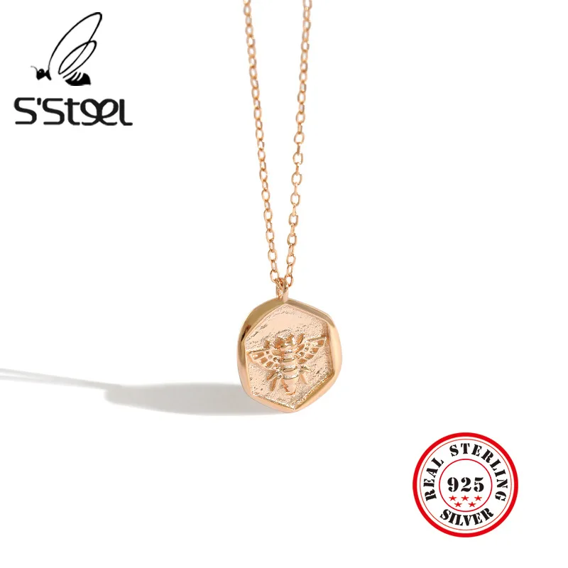 

S'STEEL 925 Sterling Silver Necklace Women Bees Statement Coin Pendant Chain Kolye Cadena Plata 925 Para Mujer Fashion Jewelry