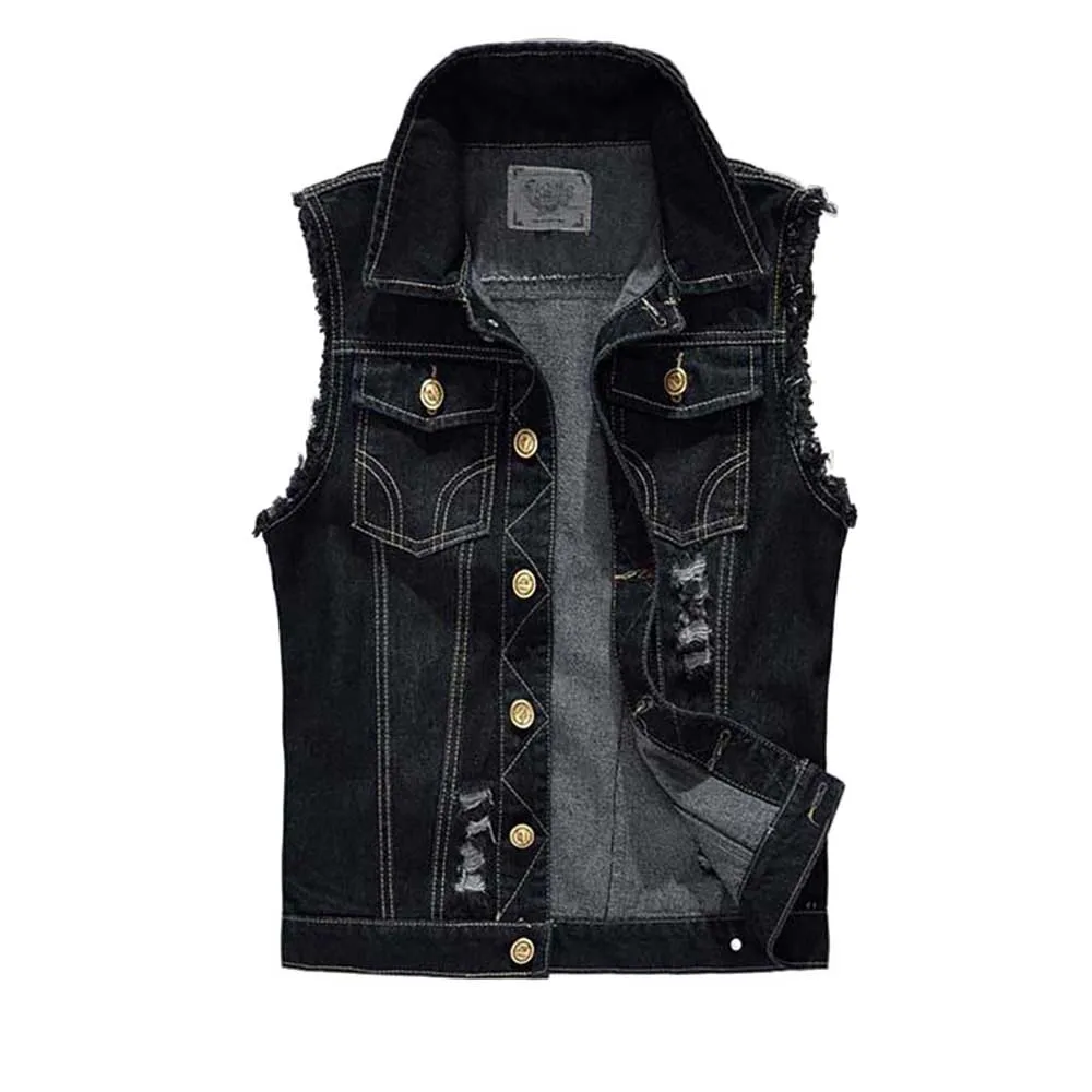 

Cowboy Ripped Mens Vest Jeans Casual Slim Denim Vest Sleeveless Jacket Cotton Black Waistcoats Colete Plus Size S-5XL 6XL