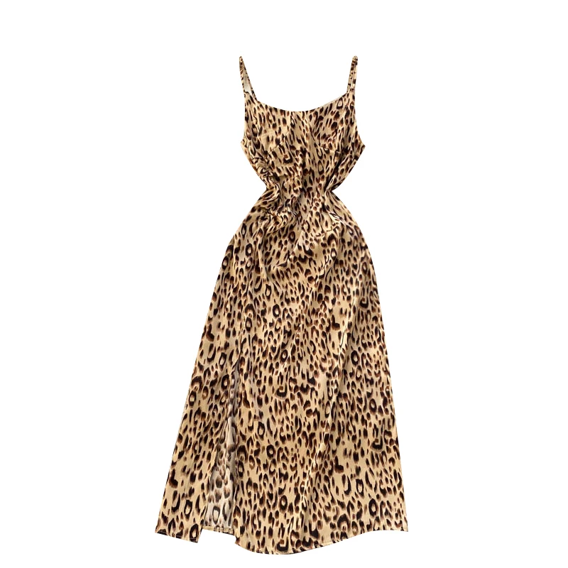 

European American Sexy Leopard Print Strap Vestidos Women's Slim Slim Midi Dress With Square Collar Split Hem C695