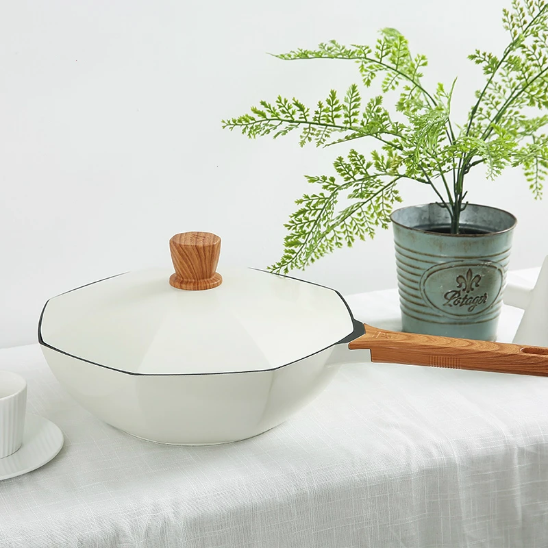

Simple White Multi-function Non-stick Flat Bottom Cooking Pot Net Red Octagonal Shape Wooden Handle Light Oil Less Smoke