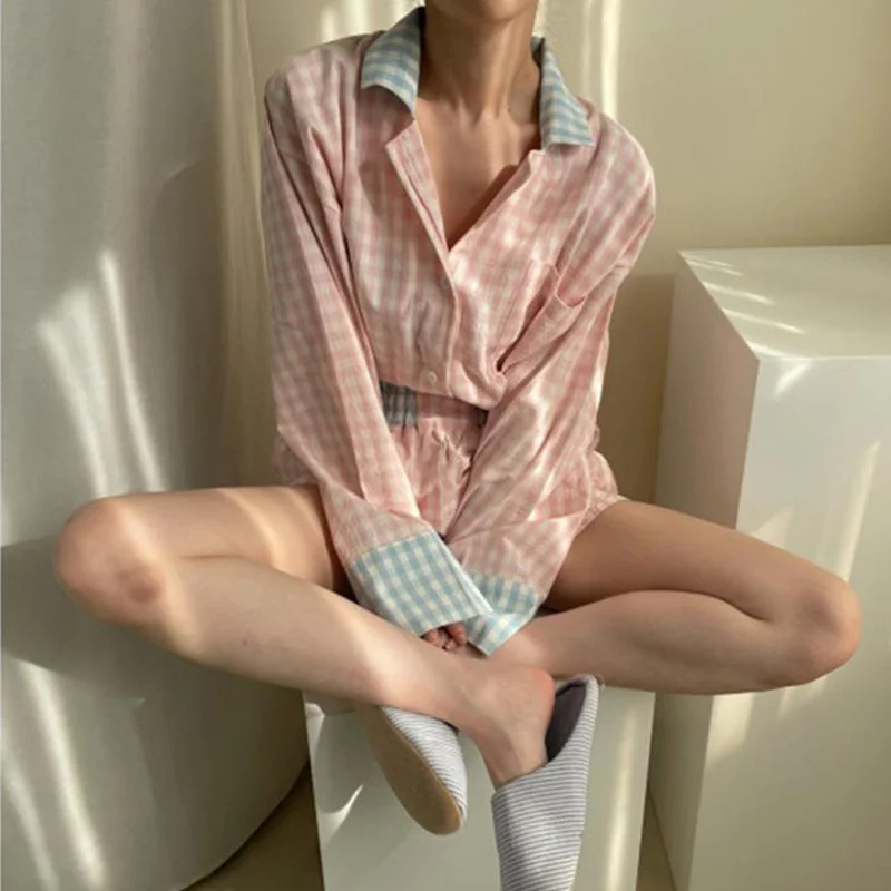 

Summer Pajamas Set Women Plaid Long Sleeve Color Contrast Shirts + Shorts Set Pink Home Suit Vintage Cotton Soft Home Clothes