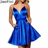 janevini sexy spaghetti straps short homecoming dresses with pockets mini royal blue elastic satin party dress cocktail gowns