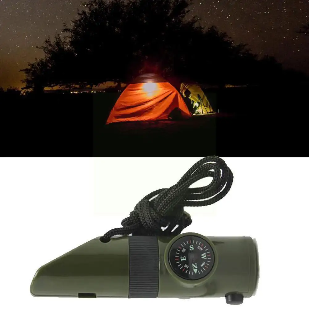 

Multifunctional Whistle 7 In 1 Survival Trekking Compass Torch Thermometer Led Storage Mirror Tools Light Magnifier E3a8