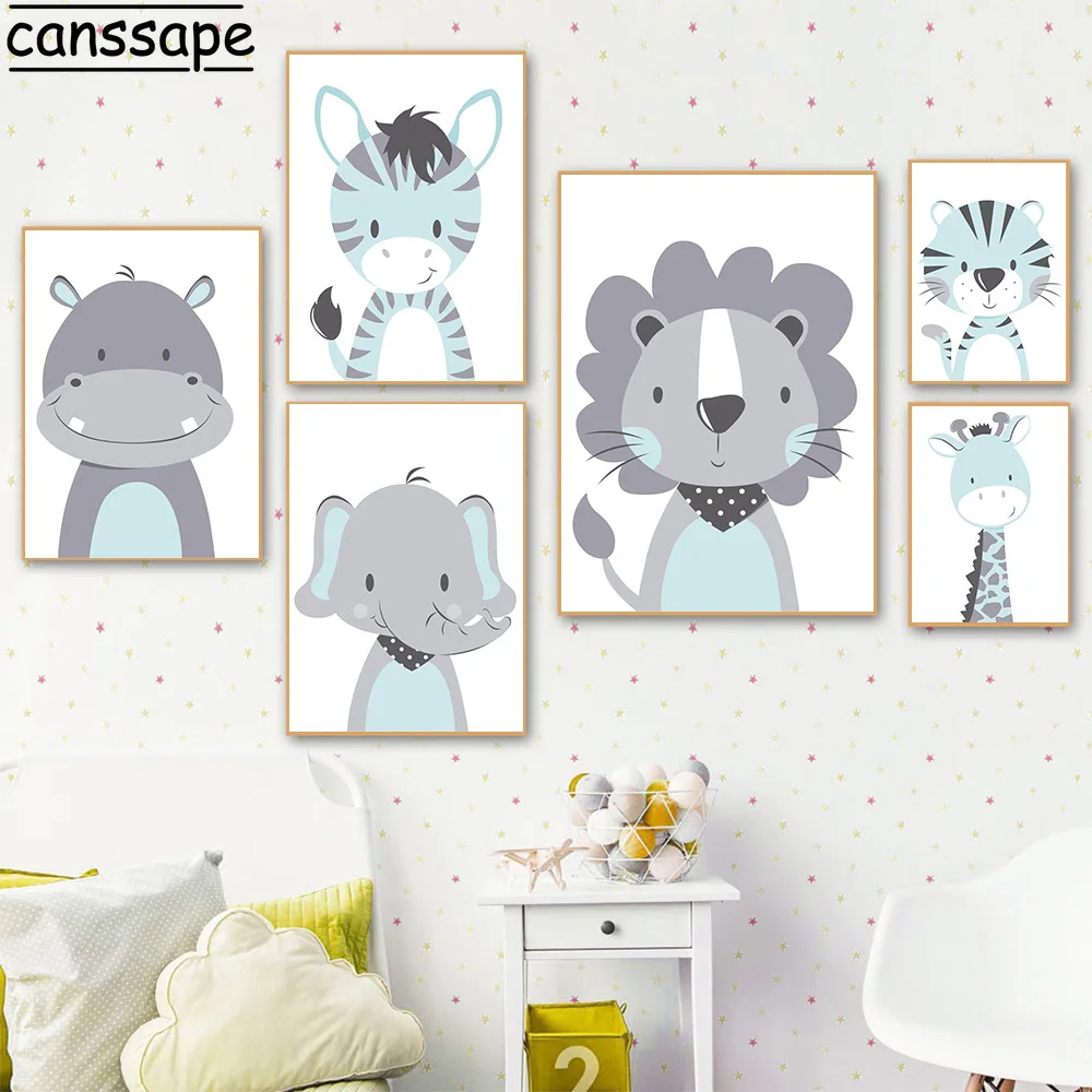 

Kids Room Poster Lion Giraffe Elephant Canvas Painting Cartoon Animals Print Nursery Posters Nordic Wall Pictures Boy Room Decor