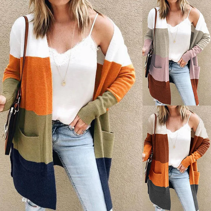 

Retro Stripe Sweater Cardigan for Women 2022 Fashion Big Pocket Coat Autumn and Winter Long Stripe Color Knittied Cardigan Women