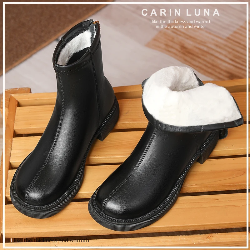 

GD-time Women Genuine Leather Snow Boots Keep Warm Wool Round Toe Med Heels Natural Fur Cold Resistance Dating KPOP Ankle Boots