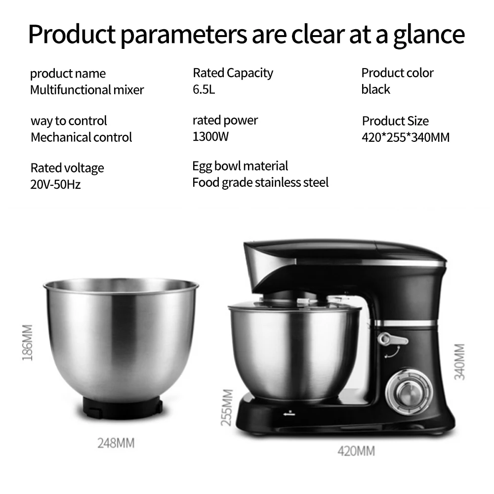 

6.5L Food Mixer Kitchen Home Multifunction Fully Automatic Electric Cake Stand Mixer Dough Kneading Machine Juicer Meat Grinder