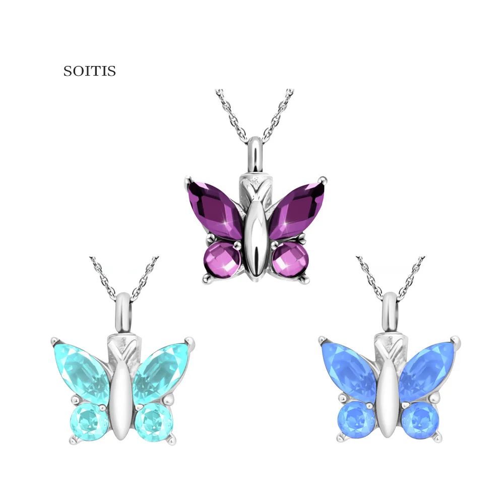 

SOITIS Butterfly Shape Fillabled Ashes Cremation Pendant Keepsake Urn Necklace Purple Blue Cyan Engravable Memorial Jewelry