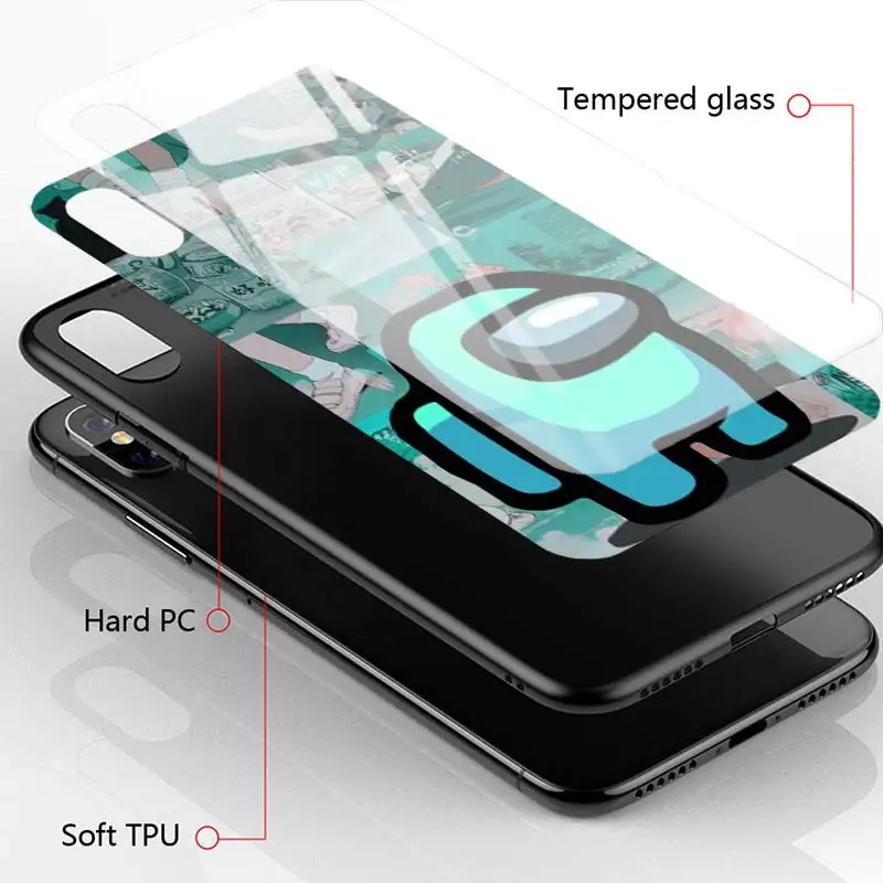

Phone Case For iPhone 11 Pro XS Max XR X Cover For iPhone 12 Pro 7 8 Plus SE 2020 Glass Shell Funda Among Us Cute stars