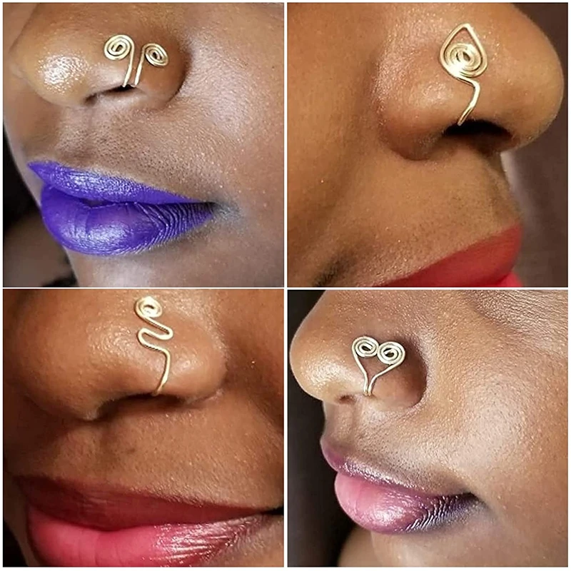 

6PCS African Nose Cuff Nose Cuff Non Piercing Gold Nose Cuff Fake Nose Ring Stainless Steel Clip on Nose Ring for Women Men