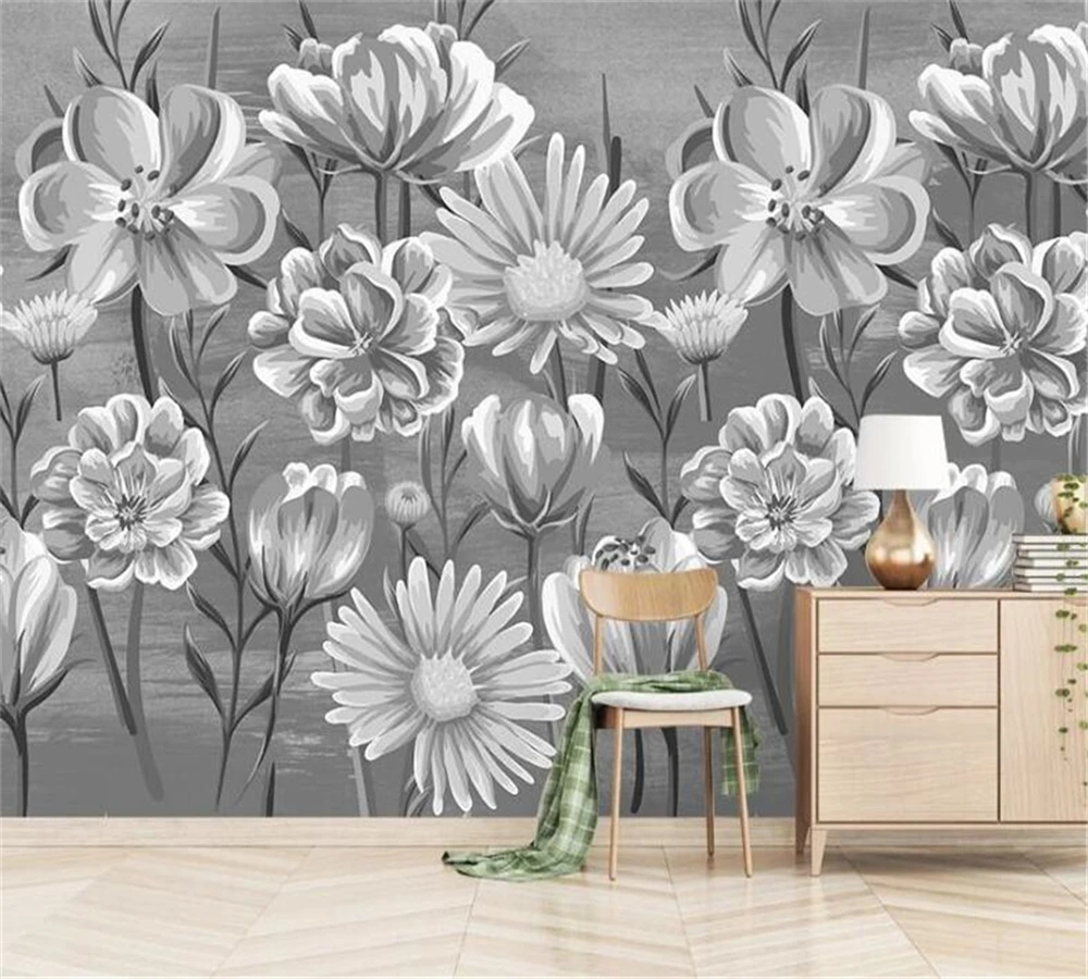 

beibehang Custom Nordic minimalist fresh hand-painted black and white romantic flower watercolor style wallpaper background