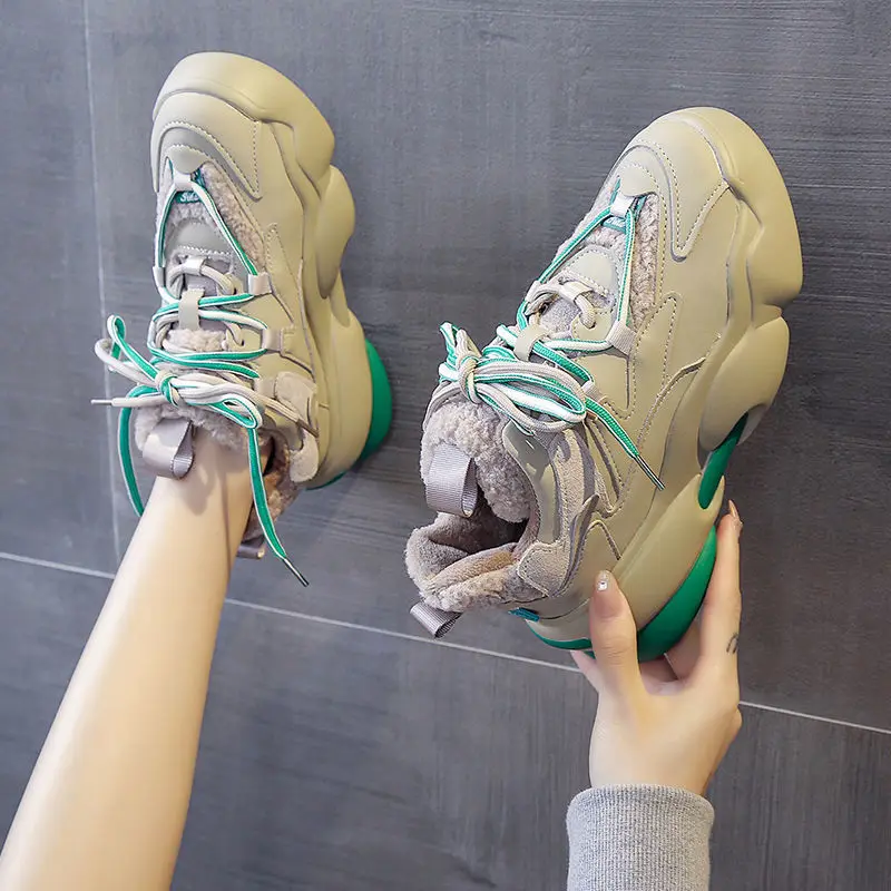 Женские меховые кроссовки плоская подошва толстая женская спортивная обувь