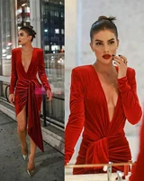 sexy deep v neck velvet red prom dresses 2020 cheap long sleeve short evening party dress chic celebrity red carpet night gowns