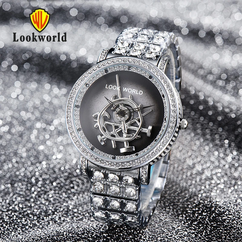 

LOOKWORLD 2021 diamond-studded stainless steel luxury creative rotating quartz men's and women's watch Y198